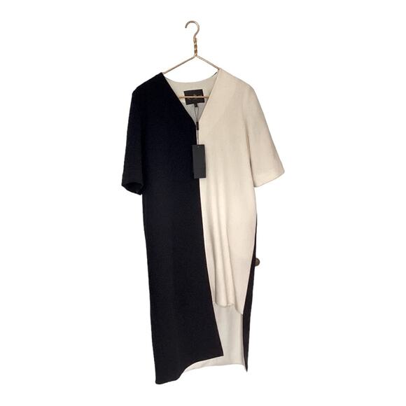 NWT Angelys Balek Black Ivory White Colorblock Minimalist Dress High Low Hem 4 - Picture 1 of 5